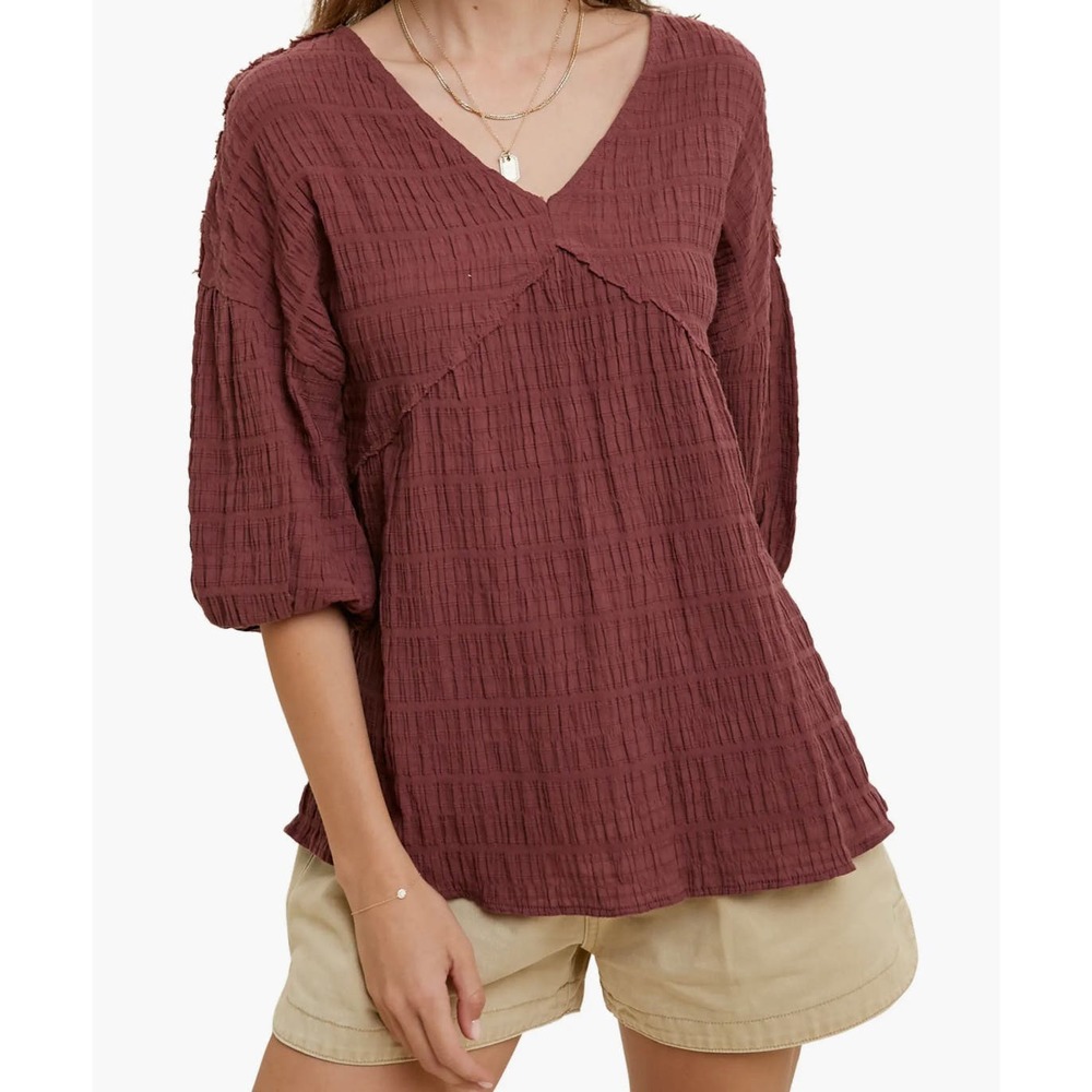Wishlist Apparel Women’s V-Neck Puff Sleeve Babydoll Wine Burgundy Blouse M/L